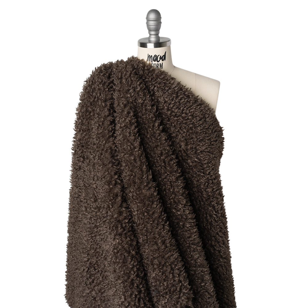 Recycled Polyester Faux Shearling with Antiqued Leather Backing - Dark Brown Drape