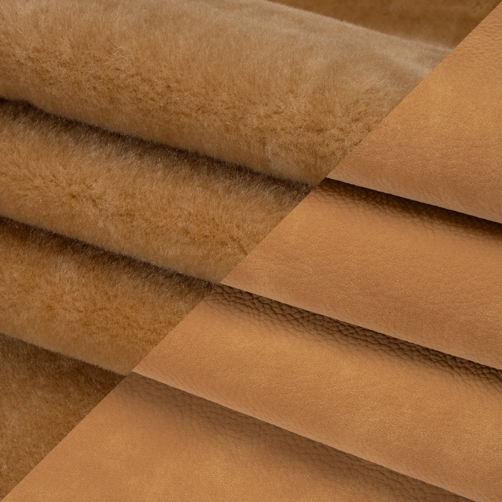 Recycled Polyester Faux Fur with Pebbled Faux Leather Backing - Beige Folded