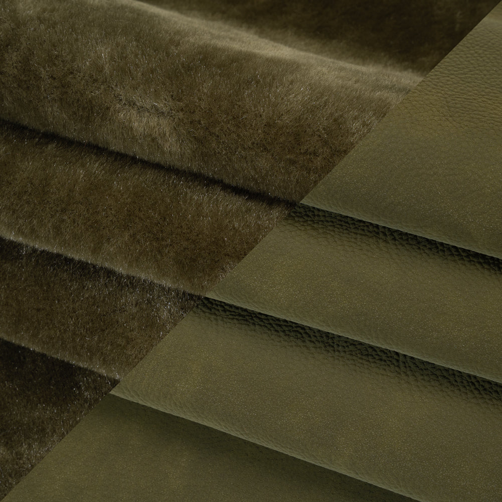 Recycled Polyester Faux Fur with Pebbled Faux Leather Backing - Olive Folded