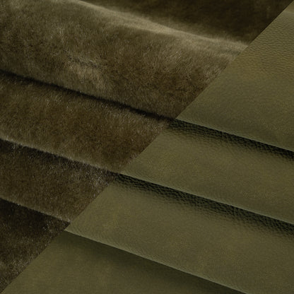 Recycled Polyester Faux Fur with Pebbled Faux Leather Backing - Olive Folded