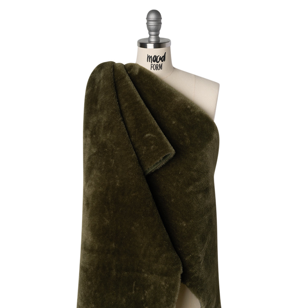 Recycled Polyester Faux Fur with Pebbled Faux Leather Backing - Olive Drape