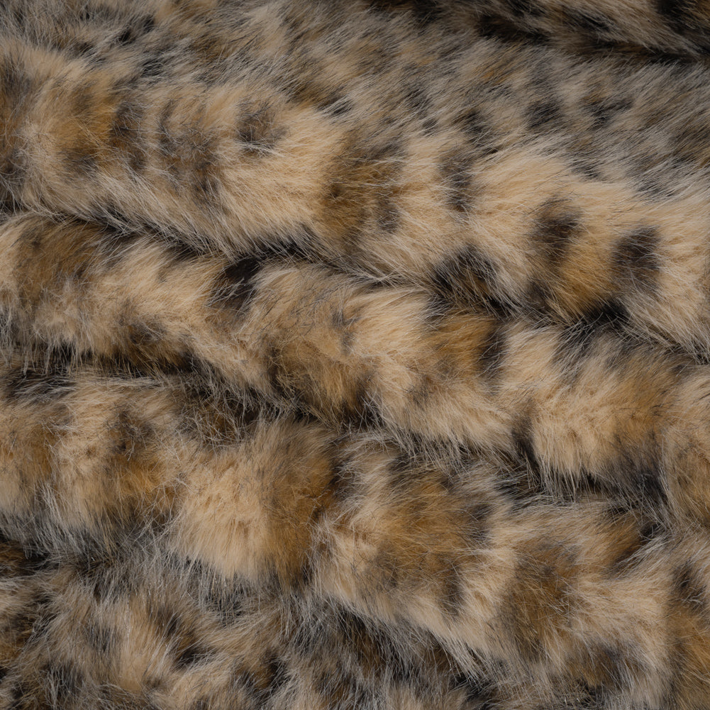 Fluffy Recycled Polyester Faux Fur - Beige, Brown and Black Leopard Spots Folded