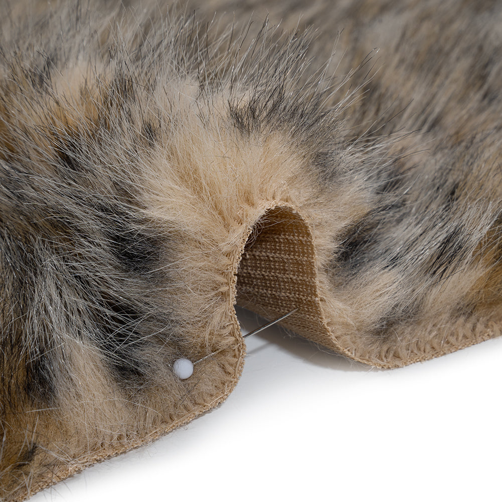 Fluffy Recycled Polyester Faux Fur - Beige, Brown and Black Leopard Spots Detail