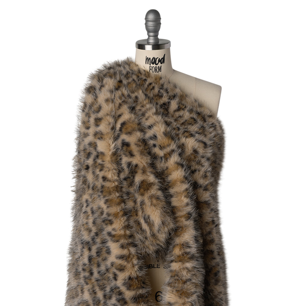 Fluffy Recycled Polyester Faux Fur - Beige, Brown and Black Leopard Spots Drape