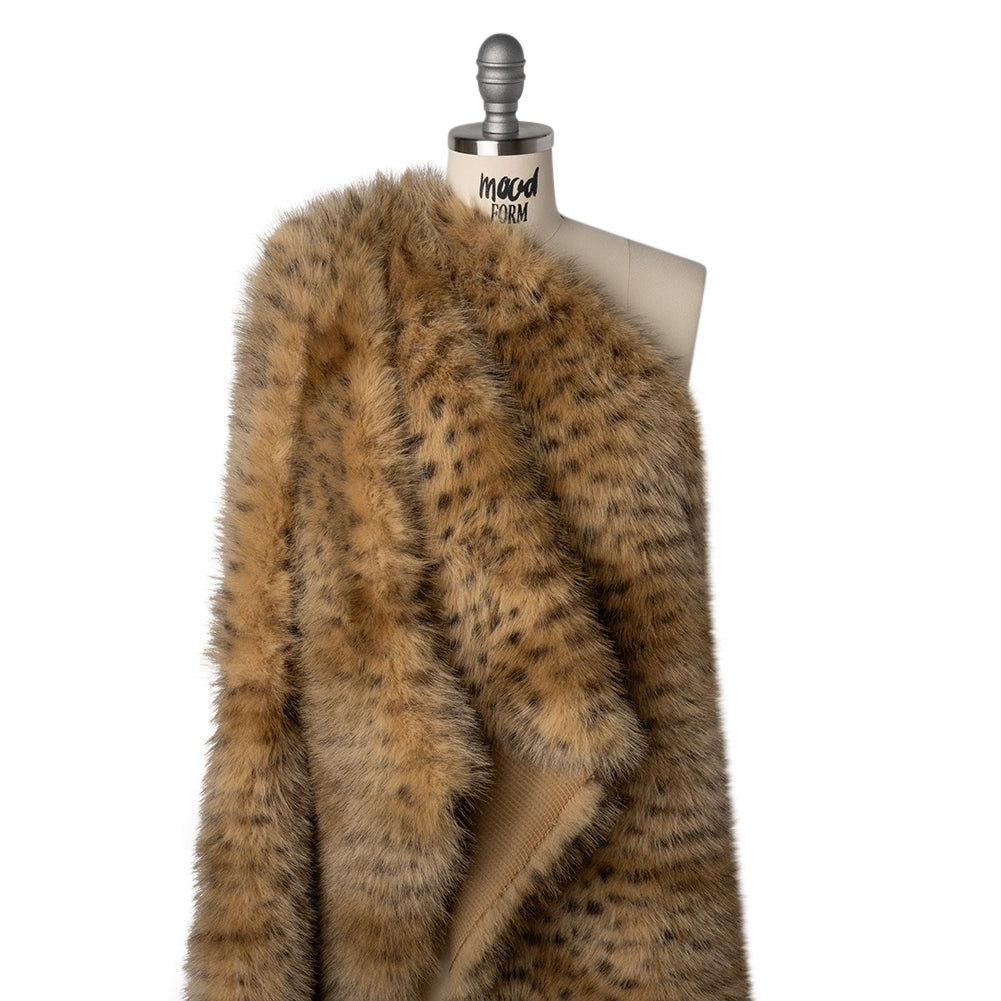Fluffy Recycled Polyester Faux Fur - Warm Beige and Black Animal Spots Drape