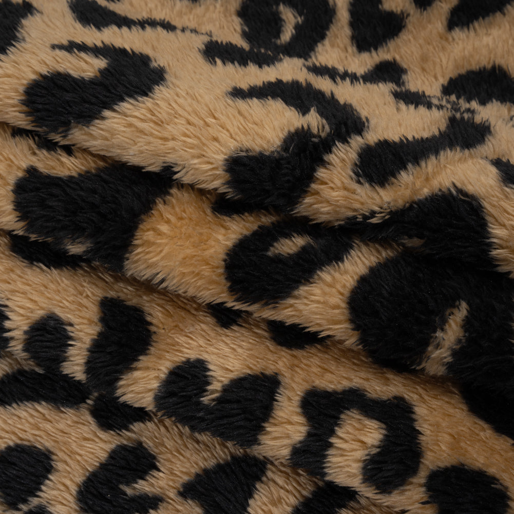 Recycled Polyester Minky Print - Beige and Black Leopard Spots Folded