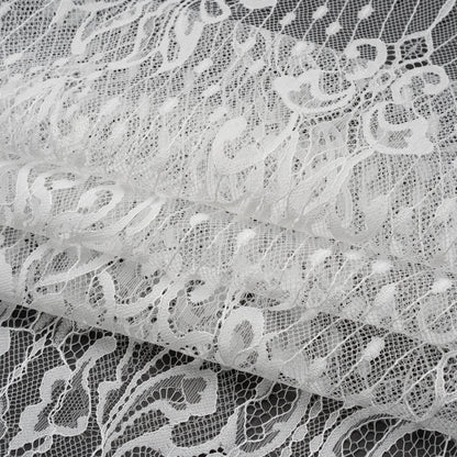 Luminous Re-Embroidered Lace with Finished Scalloped Edges and Eyelash Fringe - White Abstract Swirls