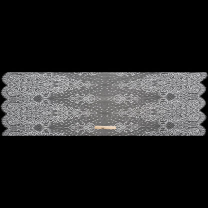 Luminous Re-Embroidered Lace with Finished Scalloped Edges and Eyelash Fringe - White Abstract Swirls