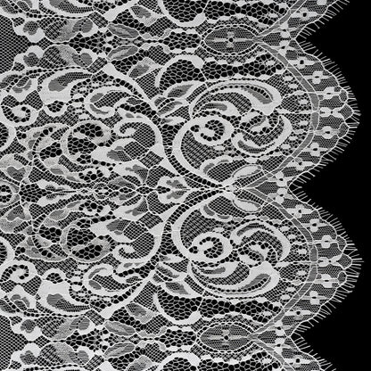 Luminous Re-Embroidered Lace with Finished Scalloped Edges and Eyelash Fringe - White Abstract Swirls