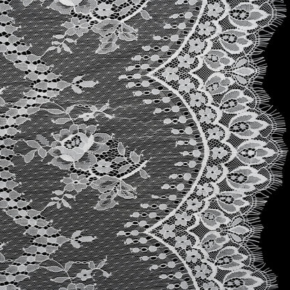 Luminous Re-Embroidered Lace with Finished Scalloped Edges and Eyelash Fringe - Bright White Floral Scallops