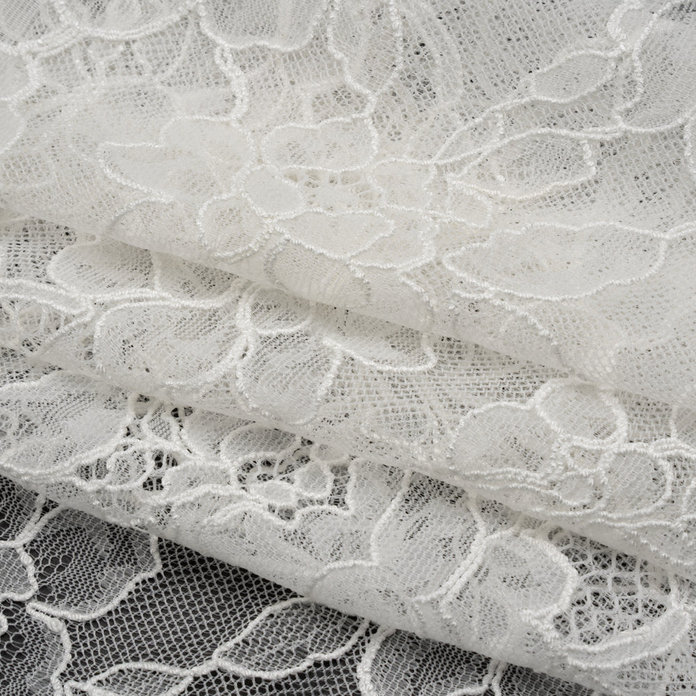 Re-Embroidered Chantilly Lace with Finished Scalloped Edges - Off White Floral Garlands