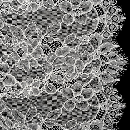 Re-Embroidered Chantilly Lace with Finished Scalloped Edges - Off White Floral Garlands