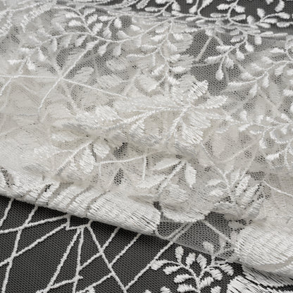 Embroidered Lace Tulle with Finished Scalloped Edges - Off White Fern Leaves, Plants and Spider Webs