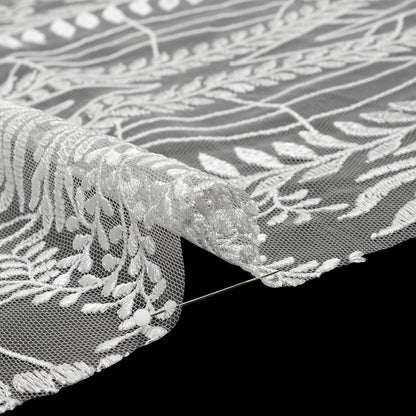 Embroidered Lace Tulle with Finished Scalloped Edges - Off White Fern Leaves, Plants and Spider Webs