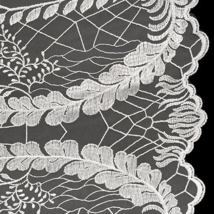 Embroidered Lace Tulle with Finished Scalloped Edges - Off White Fern Leaves, Plants and Spider Webs