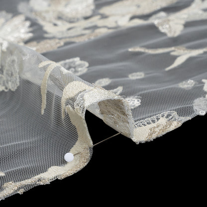 Metallic Embroidered Lace Tulle with Clear Baby Sequins - Ivory and Silver Floral