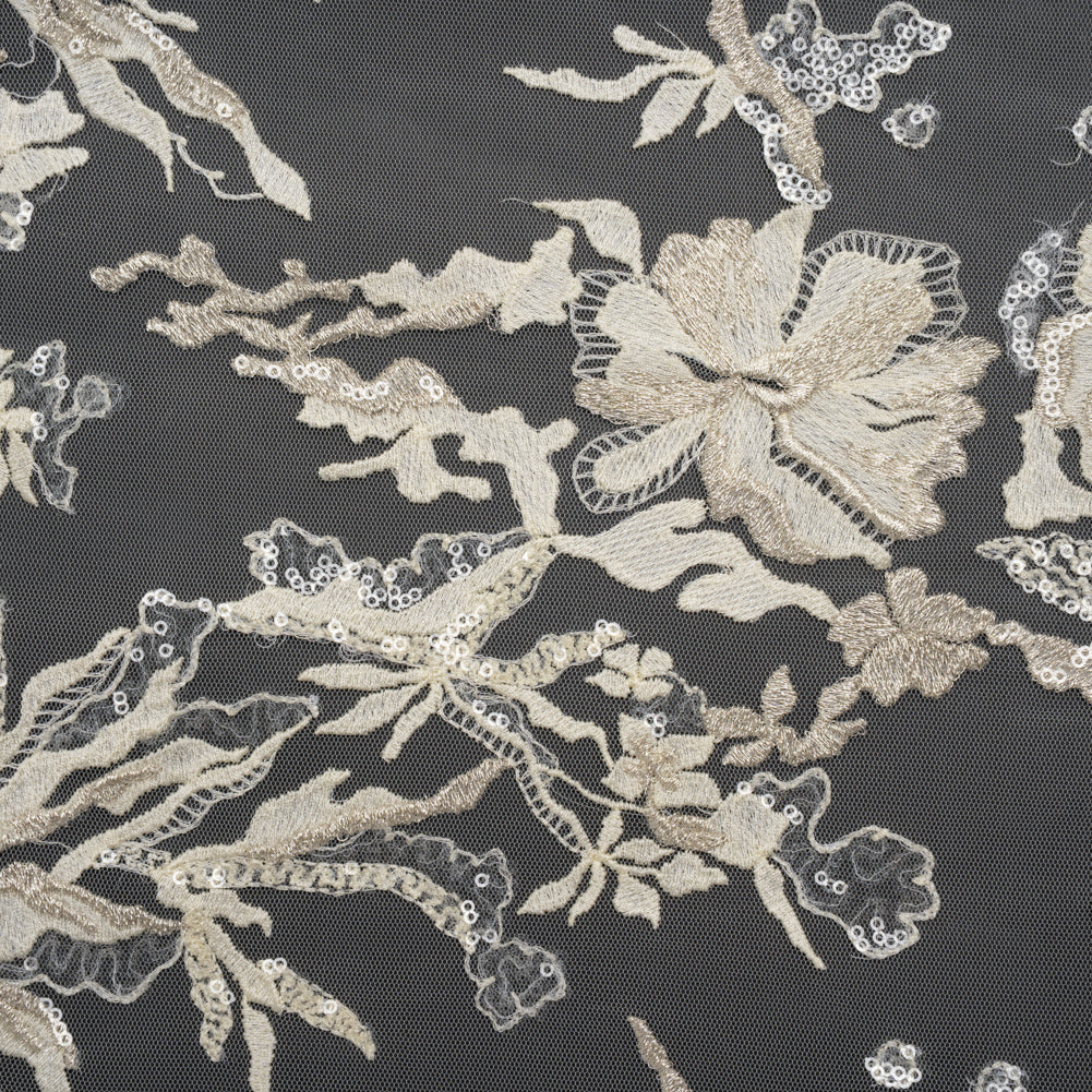 Metallic Embroidered Lace Tulle with Clear Baby Sequins - Ivory and Silver Floral