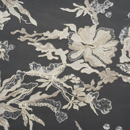 Metallic Embroidered Lace Tulle with Clear Baby Sequins - Ivory and Silver Floral