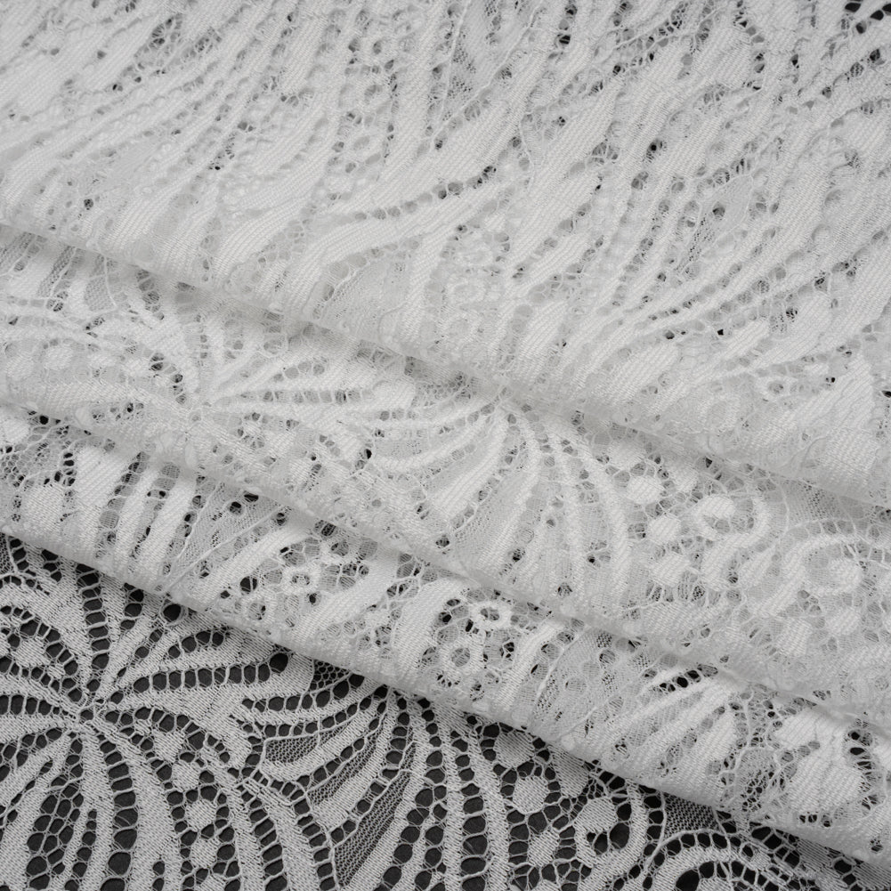 Raschel Lace with Scalloped Finished Edges - White Abstracted Floral