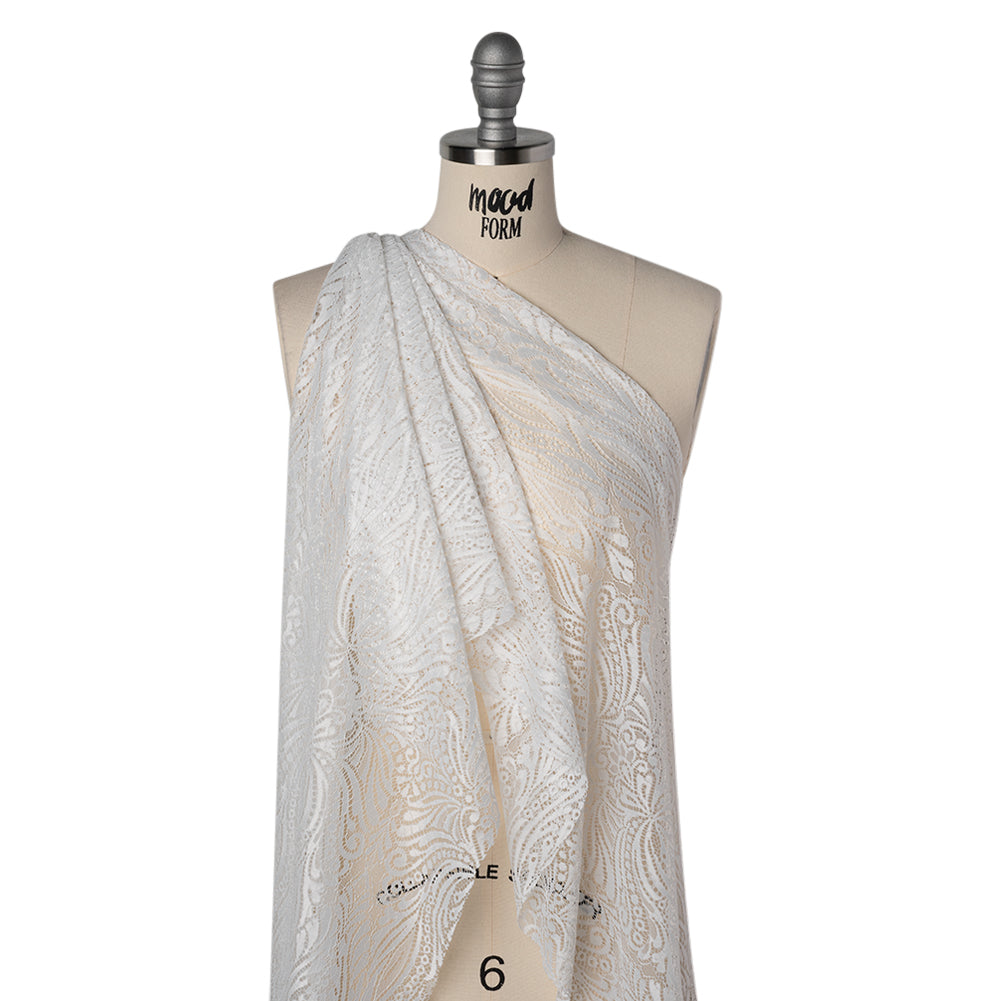 Raschel Lace with Scalloped Finished Edges - White Abstracted Floral