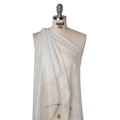 Raschel Lace with Scalloped Finished Edges - White Abstracted Floral