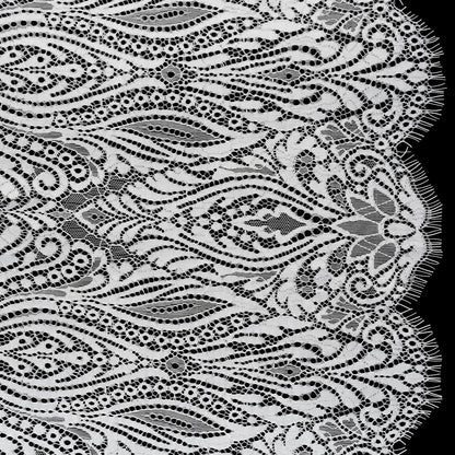 Raschel Lace with Scalloped Finished Edges - White Abstracted Floral