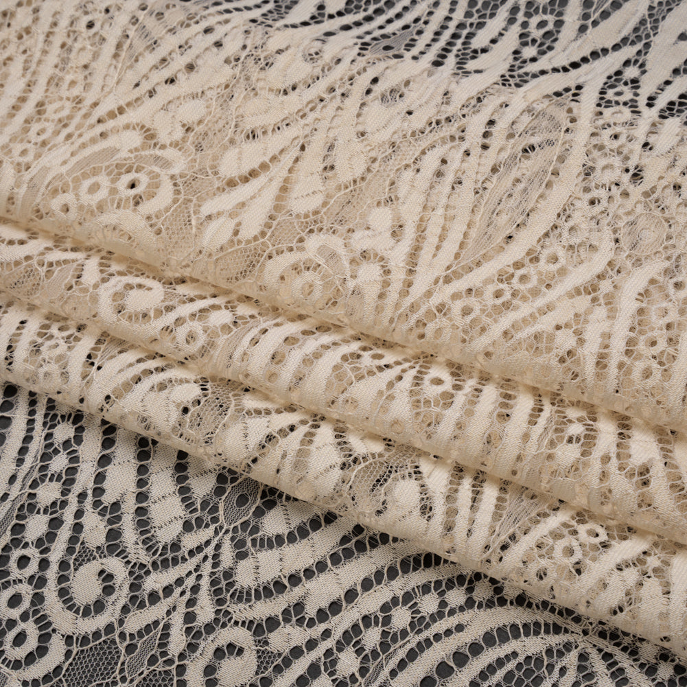 Raschel Lace with Scalloped Finished Edges - Bleached Sand Abstracted Floral