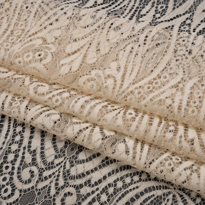 Raschel Lace with Scalloped Finished Edges - Bleached Sand Abstracted Floral