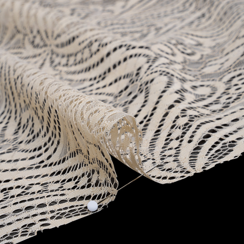 Raschel Lace with Scalloped Finished Edges - Bleached Sand Abstracted Floral