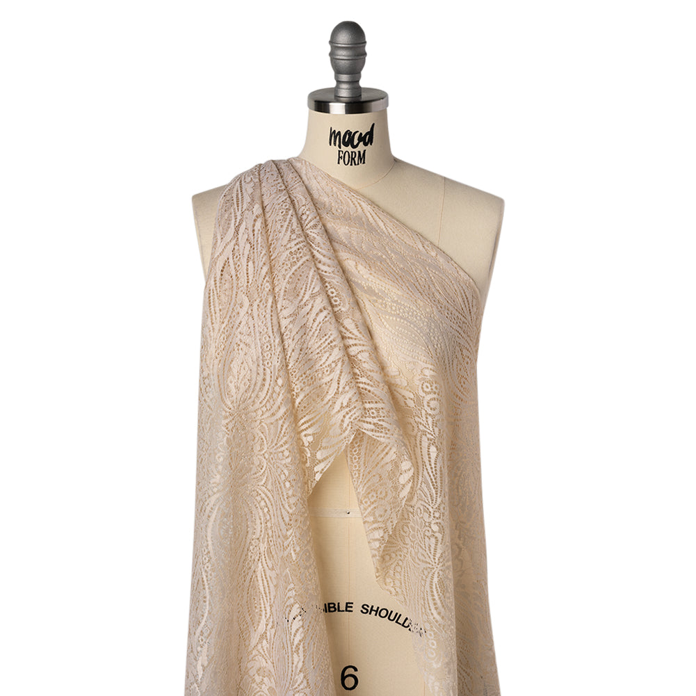 Raschel Lace with Scalloped Finished Edges - Bleached Sand Abstracted Floral