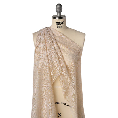 Raschel Lace with Scalloped Finished Edges - Bleached Sand Abstracted Floral