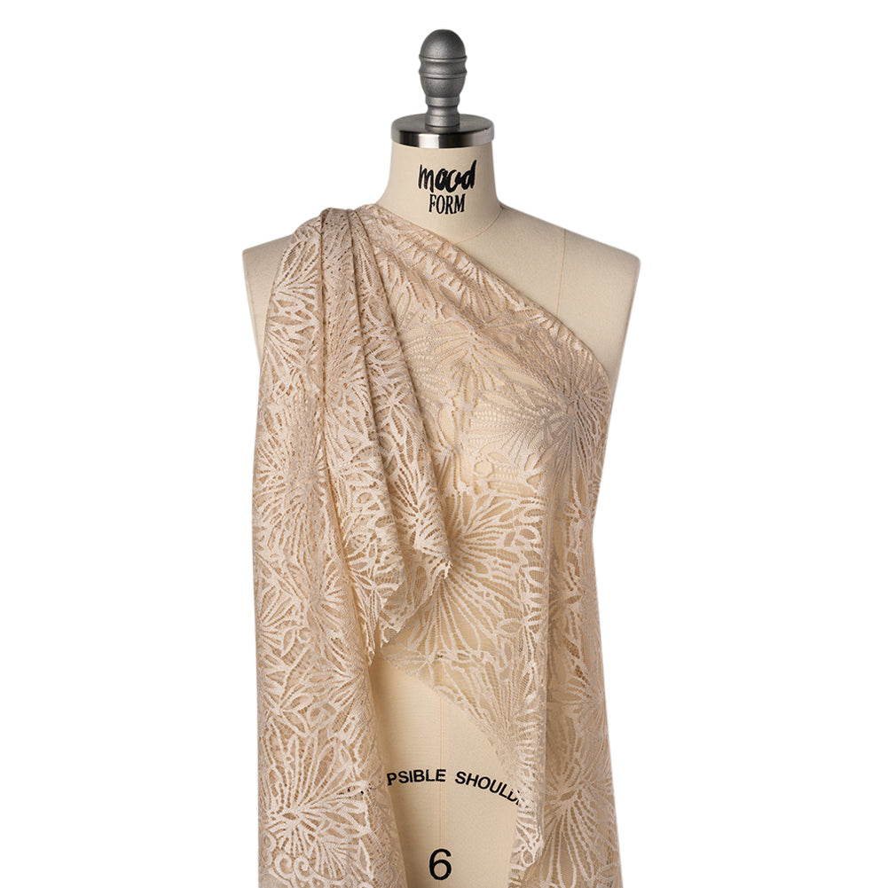 Raschel Lace with Scalloped Finished Edges - Bleached Sand Flowing Petals
