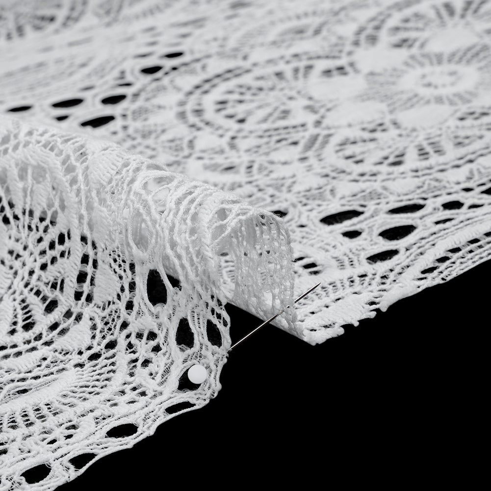 Cotton and Nylon Crochet Lace with Scalloped Border - White Boho Flowers