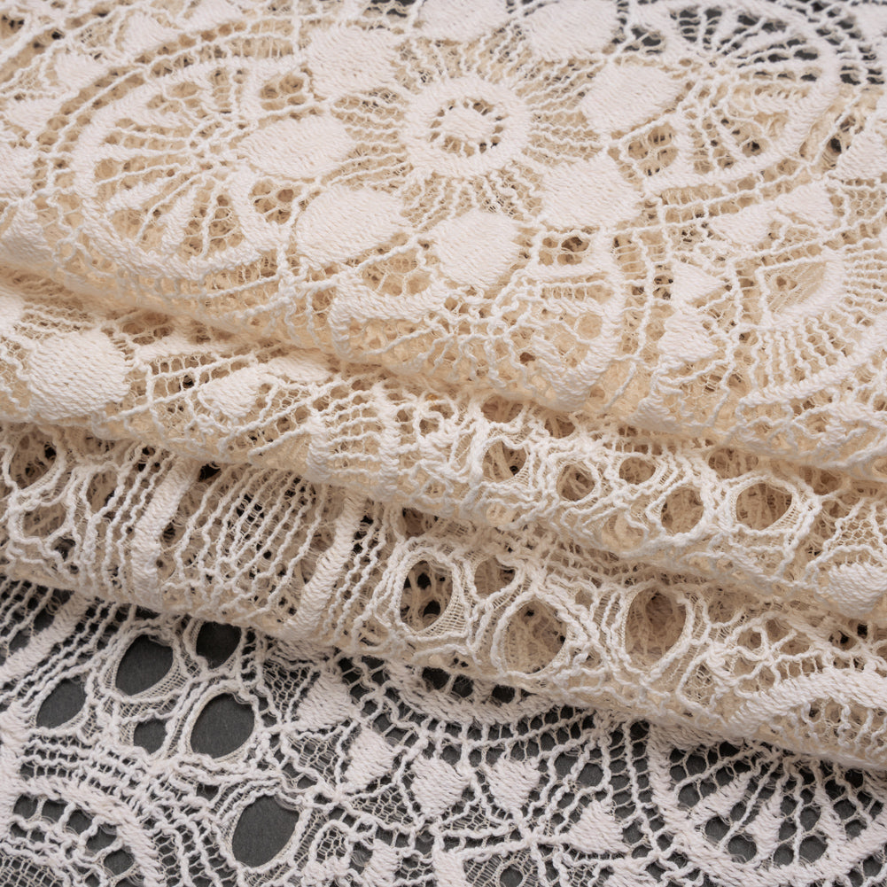 Cotton and Nylon Crochet Lace with Scalloped Border - Bleached Sand Boho Flowers