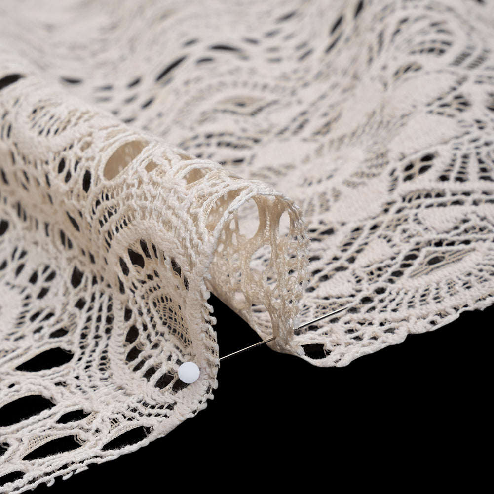 Cotton and Nylon Crochet Lace with Scalloped Border - Bleached Sand Boho Flowers