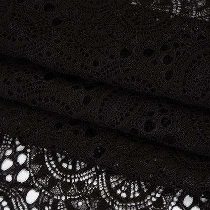 Cotton and Nylon Crochet Lace with Scalloped Border - Black Boho Flowers