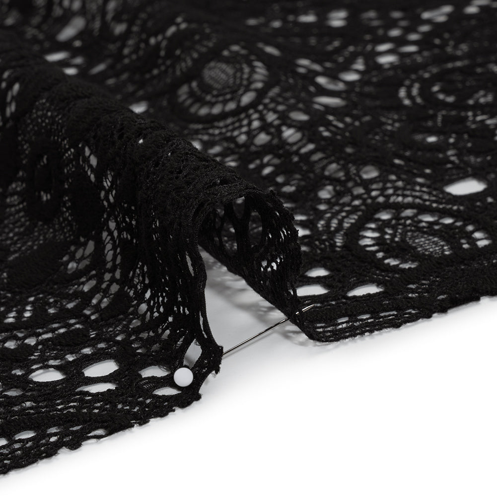 Cotton and Nylon Crochet Lace with Scalloped Border - Black Boho Flowers