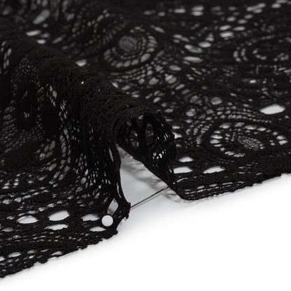 Cotton and Nylon Crochet Lace with Scalloped Border - Black Boho Flowers