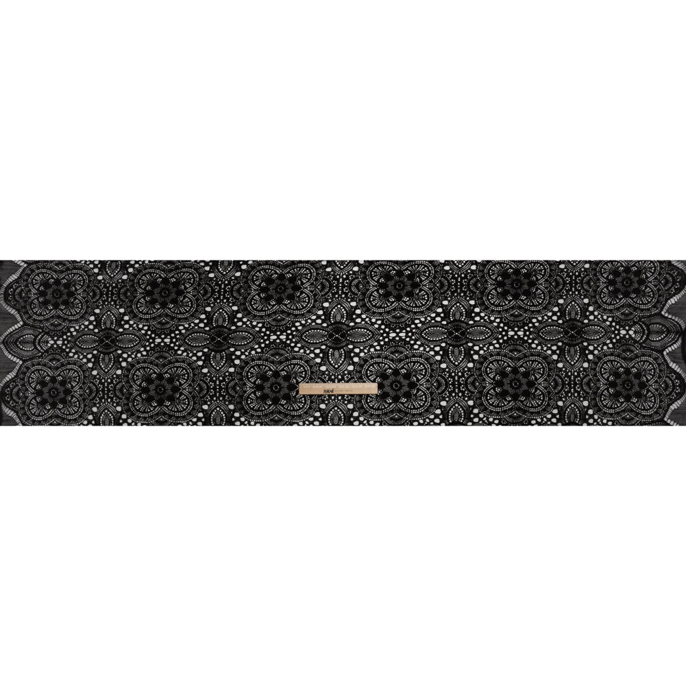 Cotton and Nylon Crochet Lace with Scalloped Border - Black Boho Flowers