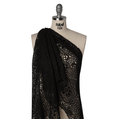 Cotton and Nylon Crochet Lace with Scalloped Border - Black Boho Flowers