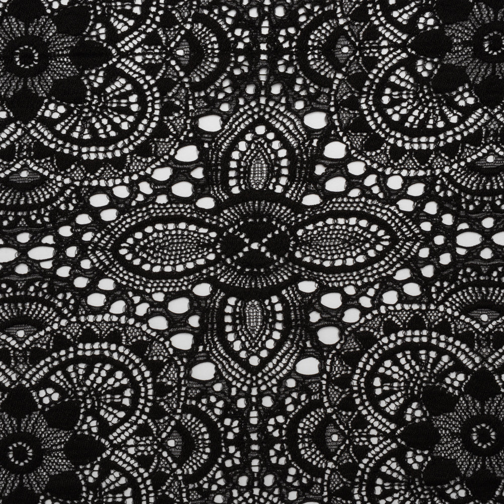 Cotton and Nylon Crochet Lace with Scalloped Border - Black Boho Flowers