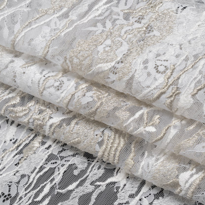 Metallic Embroidered Raschel Lace - Off White and Silver Floral and Waves with Scalloped Border