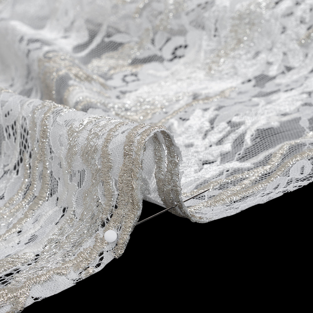Metallic Embroidered Raschel Lace - Off White and Silver Floral and Waves with Scalloped Border