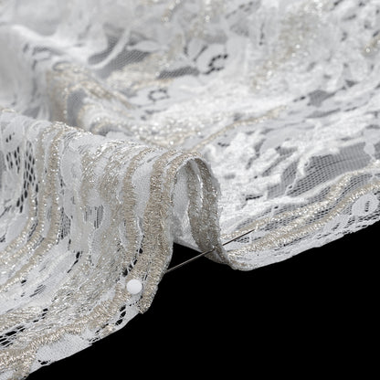 Metallic Embroidered Raschel Lace - Off White and Silver Floral and Waves with Scalloped Border