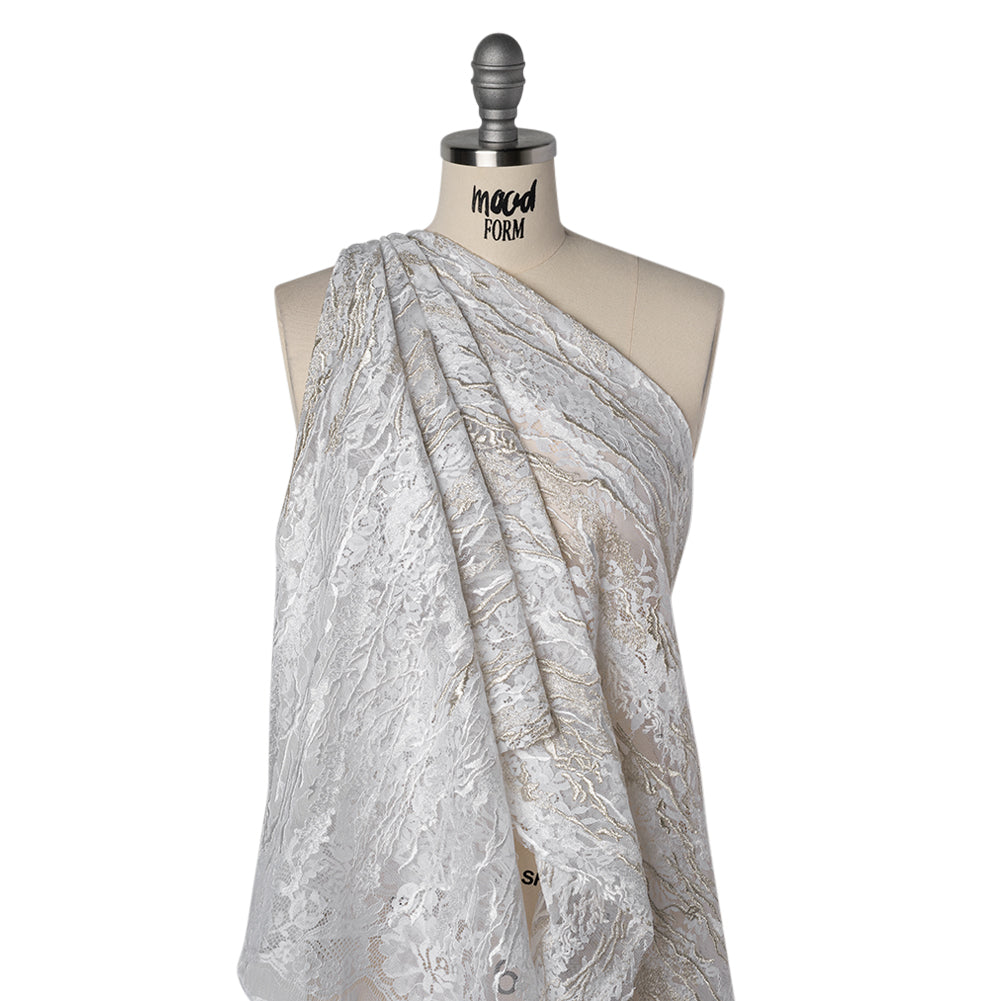 Metallic Embroidered Raschel Lace - Off White and Silver Floral and Waves with Scalloped Border