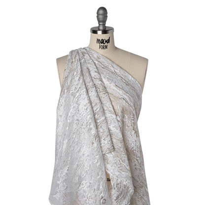Metallic Embroidered Raschel Lace - Off White and Silver Floral and Waves with Scalloped Border