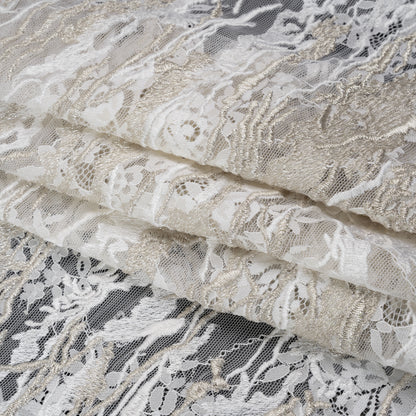 Metallic Embroidered Raschel Lace - Off White and Silver Floral and Waves with Scalloped Border