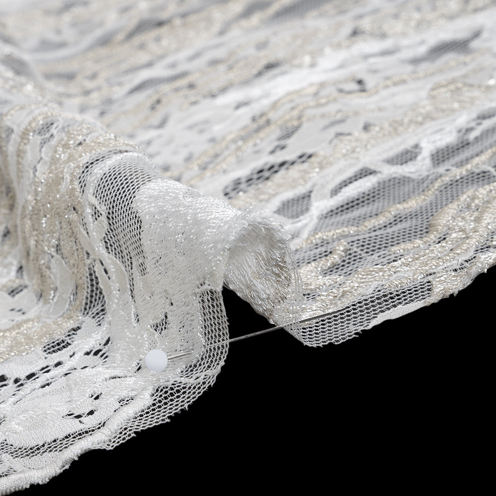 Metallic Embroidered Raschel Lace - Off White and Silver Floral and Waves with Scalloped Border