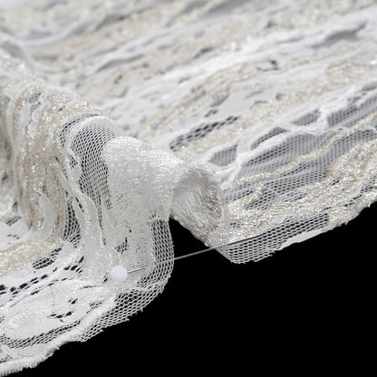 Metallic Embroidered Raschel Lace - Off White and Silver Floral and Waves with Scalloped Border