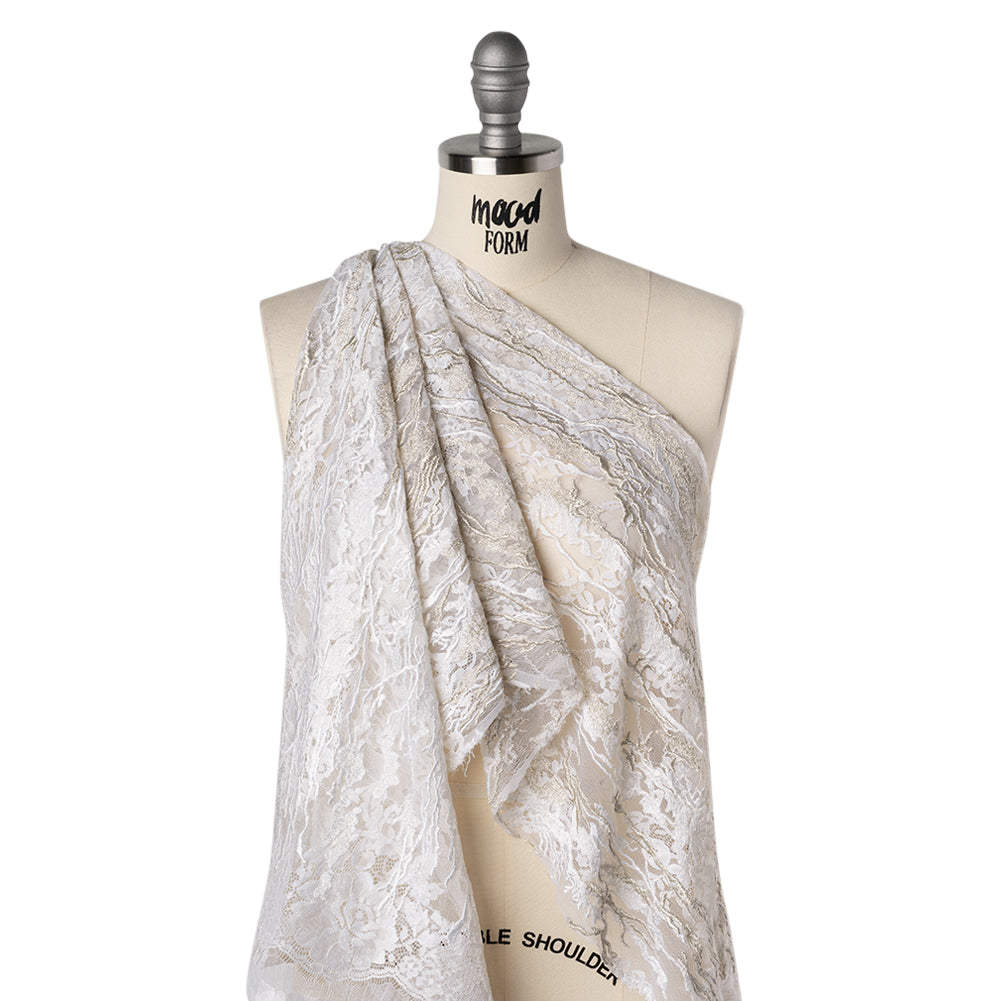 Metallic Embroidered Raschel Lace - Off White and Silver Floral and Waves with Scalloped Border